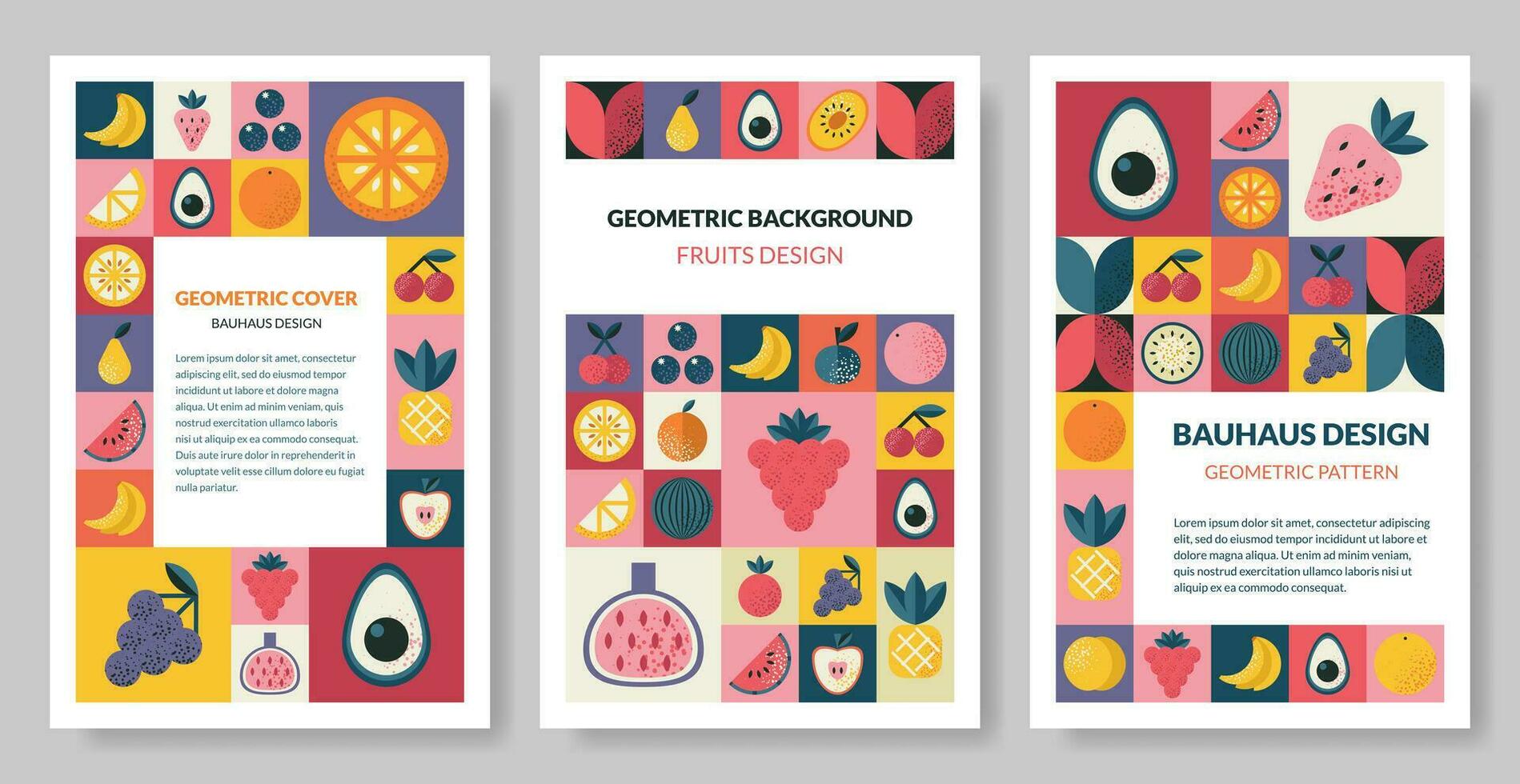 Set of vertical abstract geometric pattern background in Bauhaus style with various fruits and berries. isolated vector design templates for cover, poster, brochure, banner, menu. Retro illustration