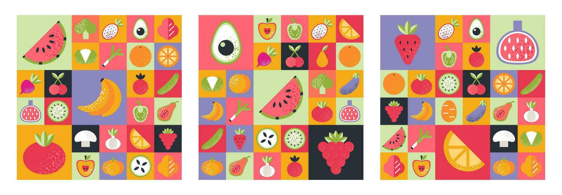 Set of isolated Abstract geometric pattern background in Bauhaus style with various fruits, berries, vegetables. Colorful vector design template for cover, brochure, banner, menu. Retro illustration