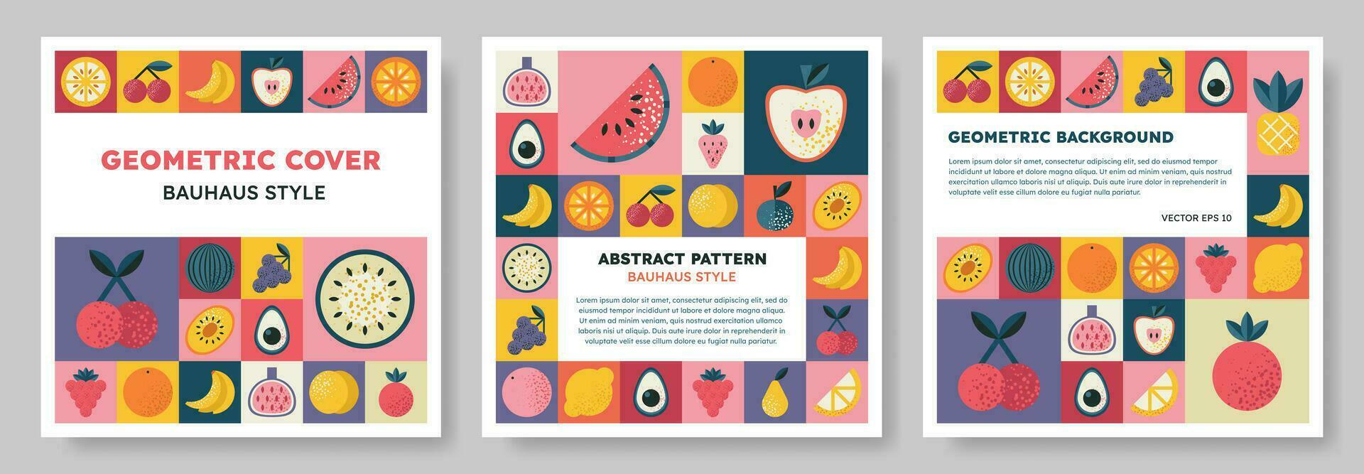 Set of isolated Abstract geometric pattern background in Bauhaus style with various fruits and berries. Colorful vector design template for cover, poster, brochure, banner, menu. Retro illustration.
