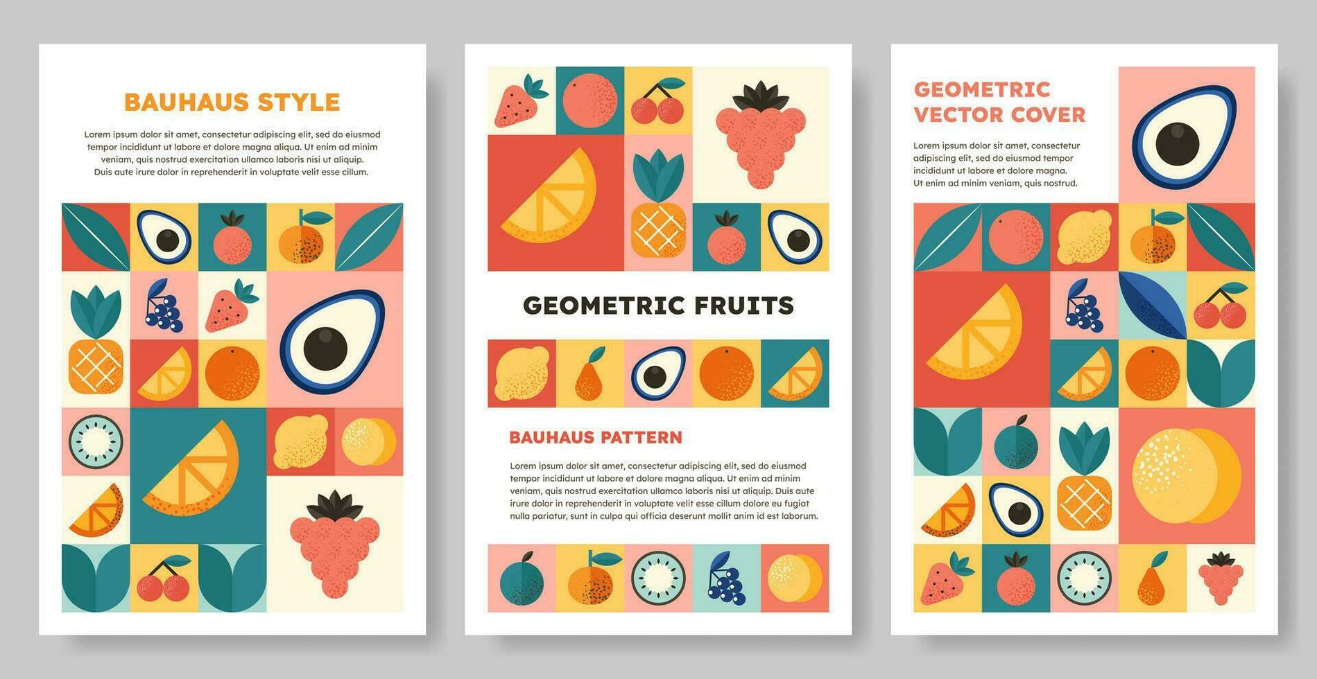 Set of vertical abstract geometric pattern background in Bauhaus style with various fruits and berries. isolated vector design templates for cover, poster, brochure, banner, menu. Retro illustration