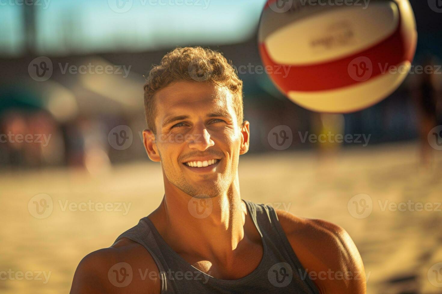Male beach volleyball players play a volleyball match on the beach