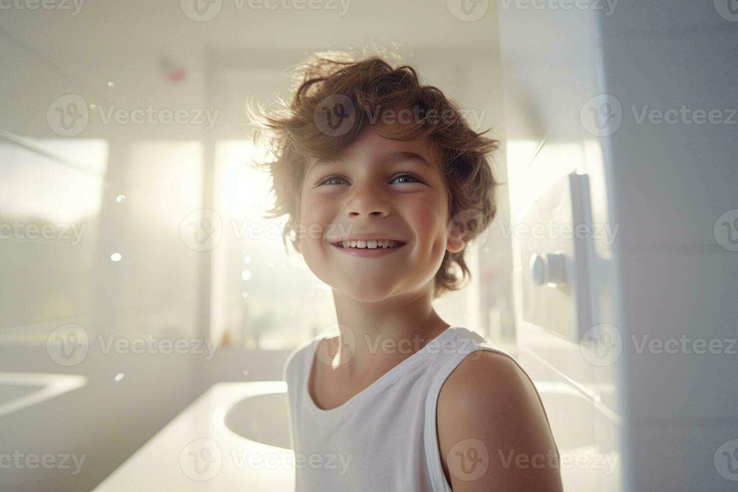 Smiling boy taking a shower in a white bathroom photo