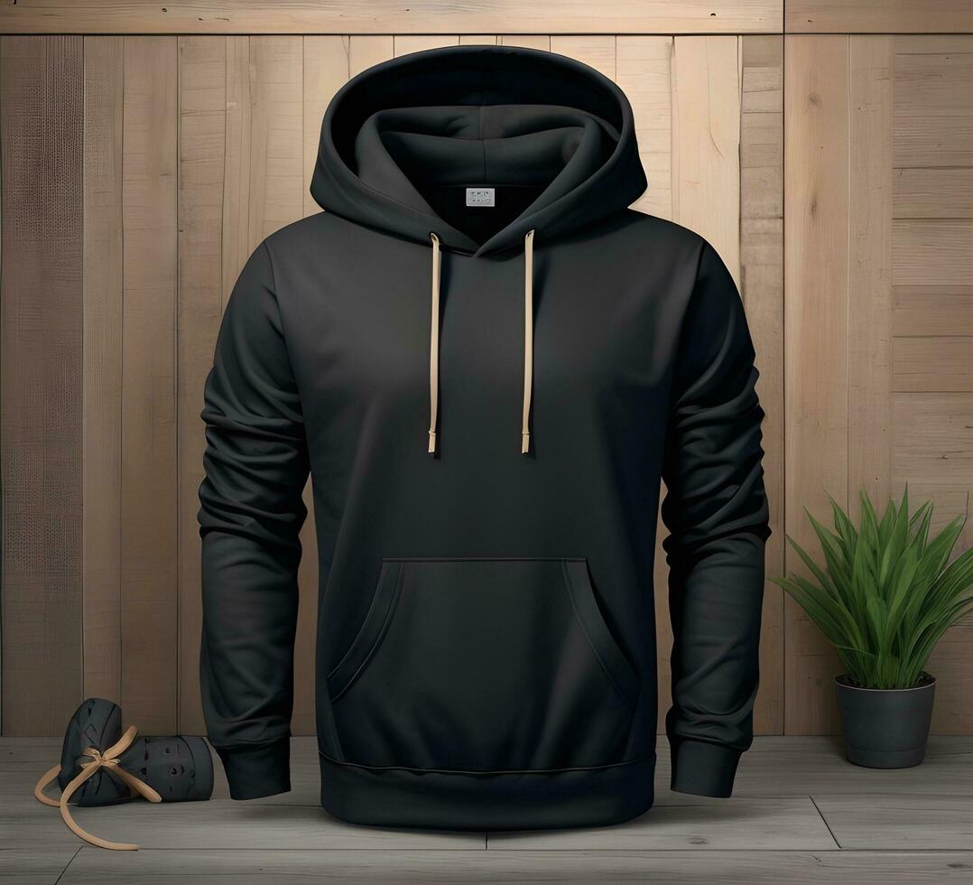 Black hoodie Mockup With Wooden Background ai generate photo