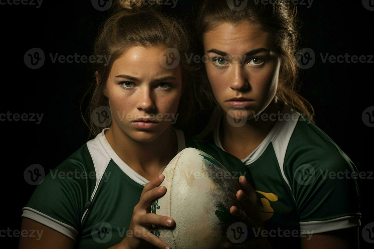 Female rugby players competing on the rugby field photo