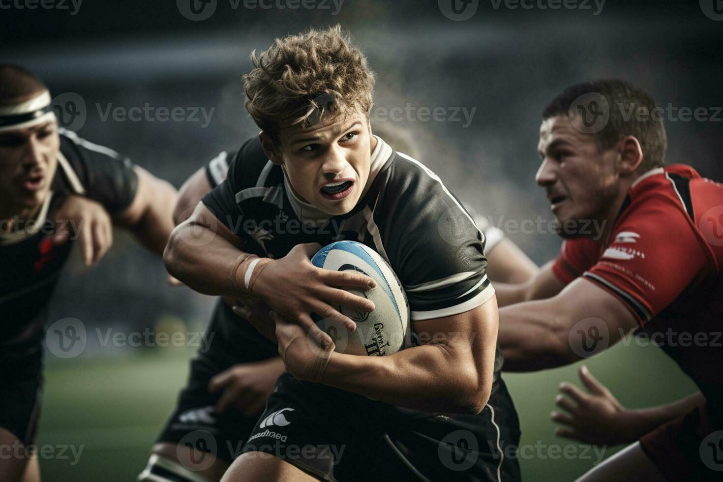 Male rugby players competing on the rugby field photo