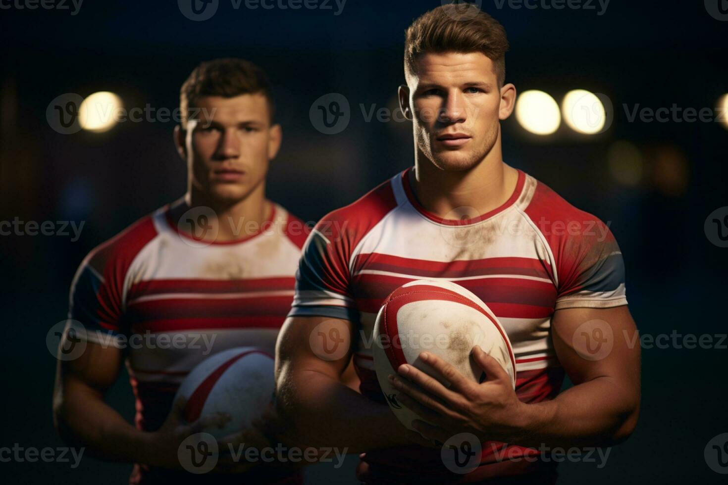 Male rugby players competing on the rugby field photo