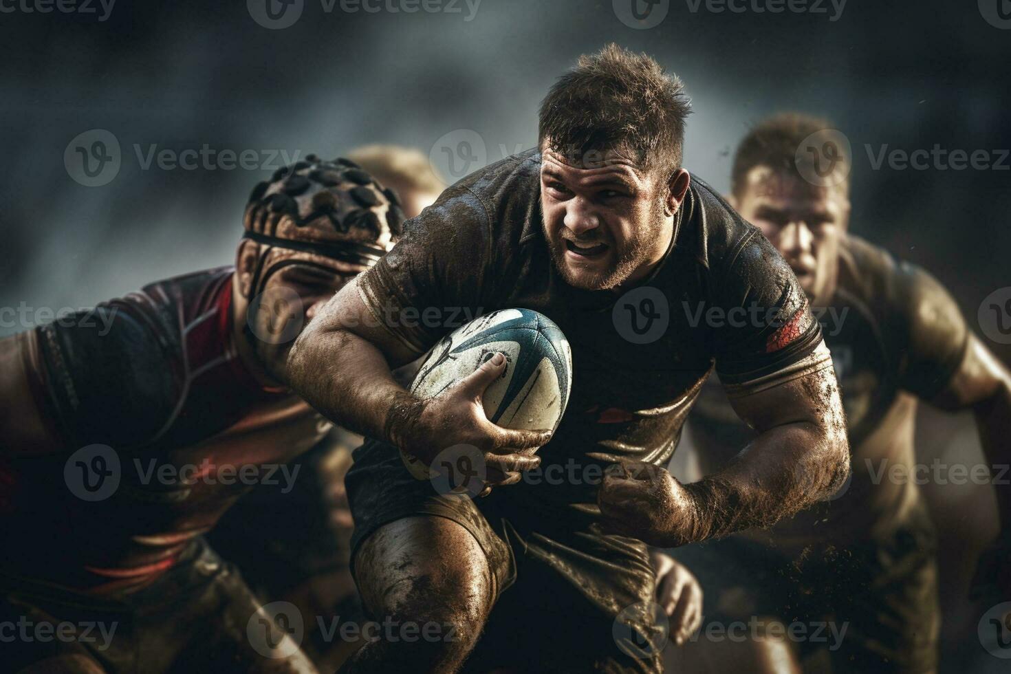 Male rugby players competing on the rugby field photo