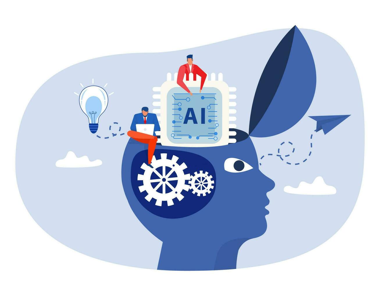 AI Artificial Intelligence or processing chip into human brain with Light bulb  development  innovation concept vector
