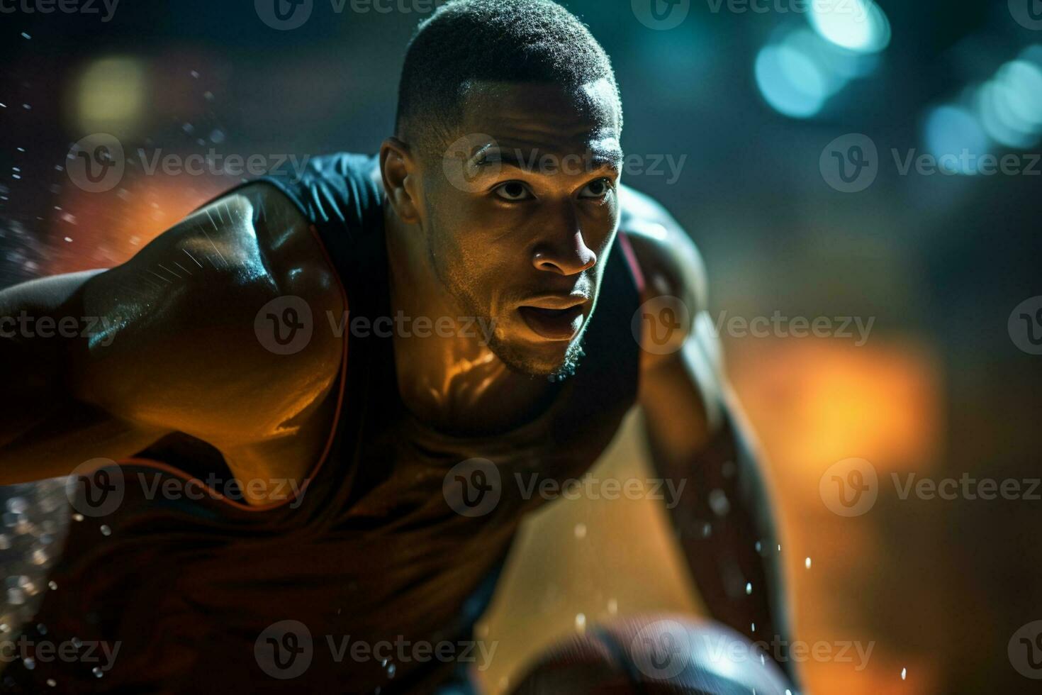 Male basketball player playing basketball in a crowded indoor basketball court photo