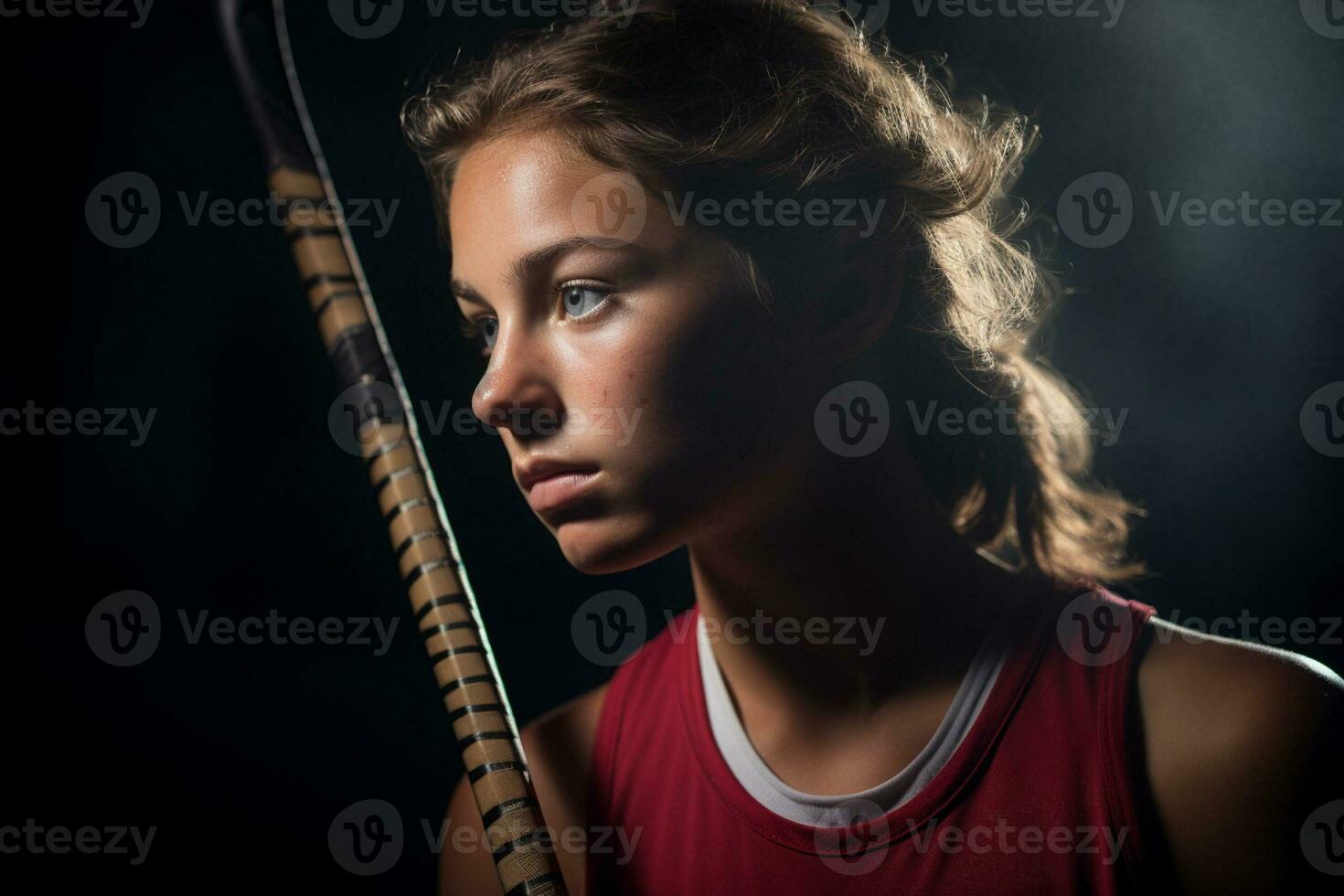 A female hockey player is playing field hockey photo