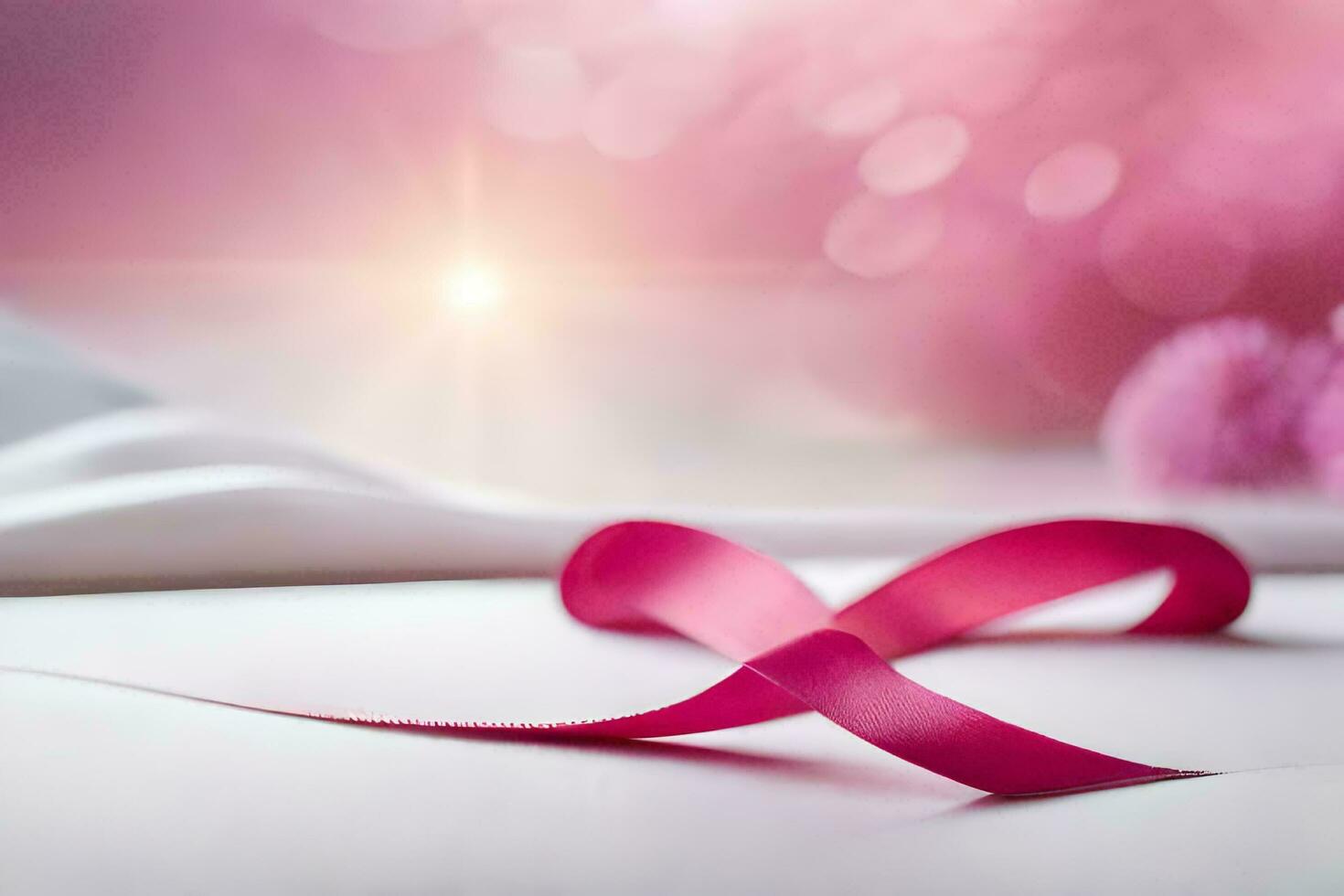 pink ribbon on white table, symbol of strength, ai generative photo