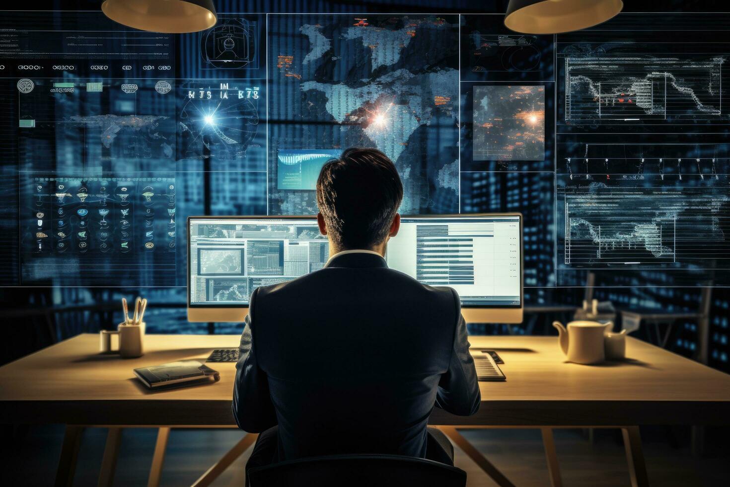 Back view of young businessman working with computer in modern office. Mixed media, Back view of businessman working with virtual panel and infographs at background, AI Generated photo