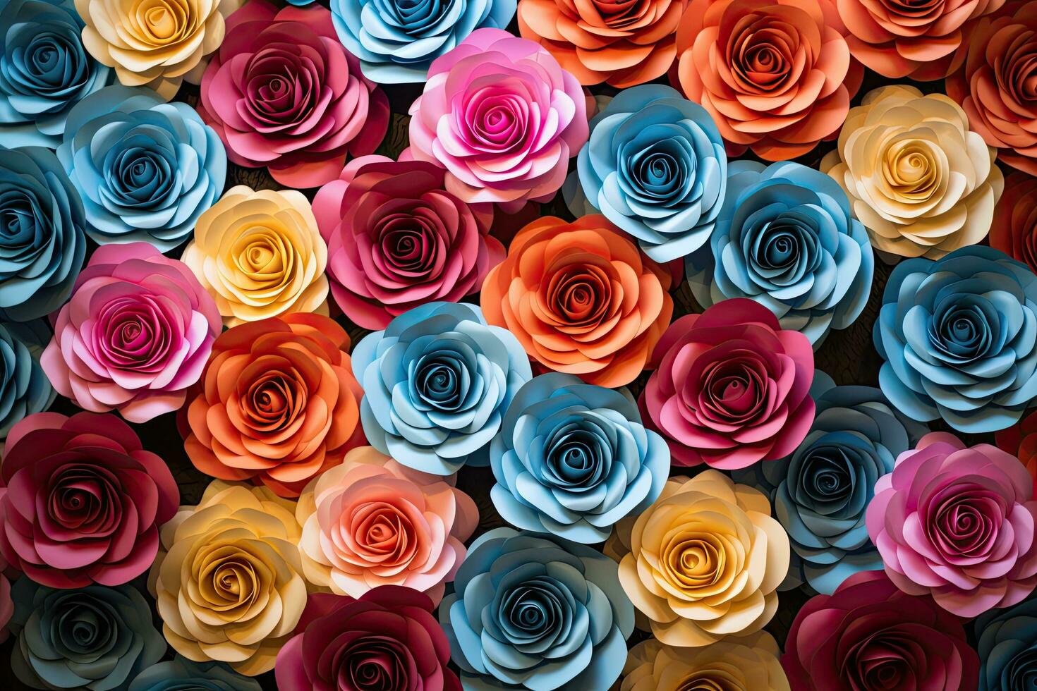 Colorful paper roses background, top view, close up. Backdrop of colorful paper roses, AI Generated photo