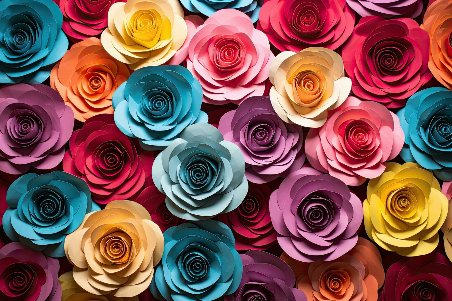 Colorful paper roses background. Close up of colorful paper flowers. Backdrop of colorful paper roses, AI Generated photo