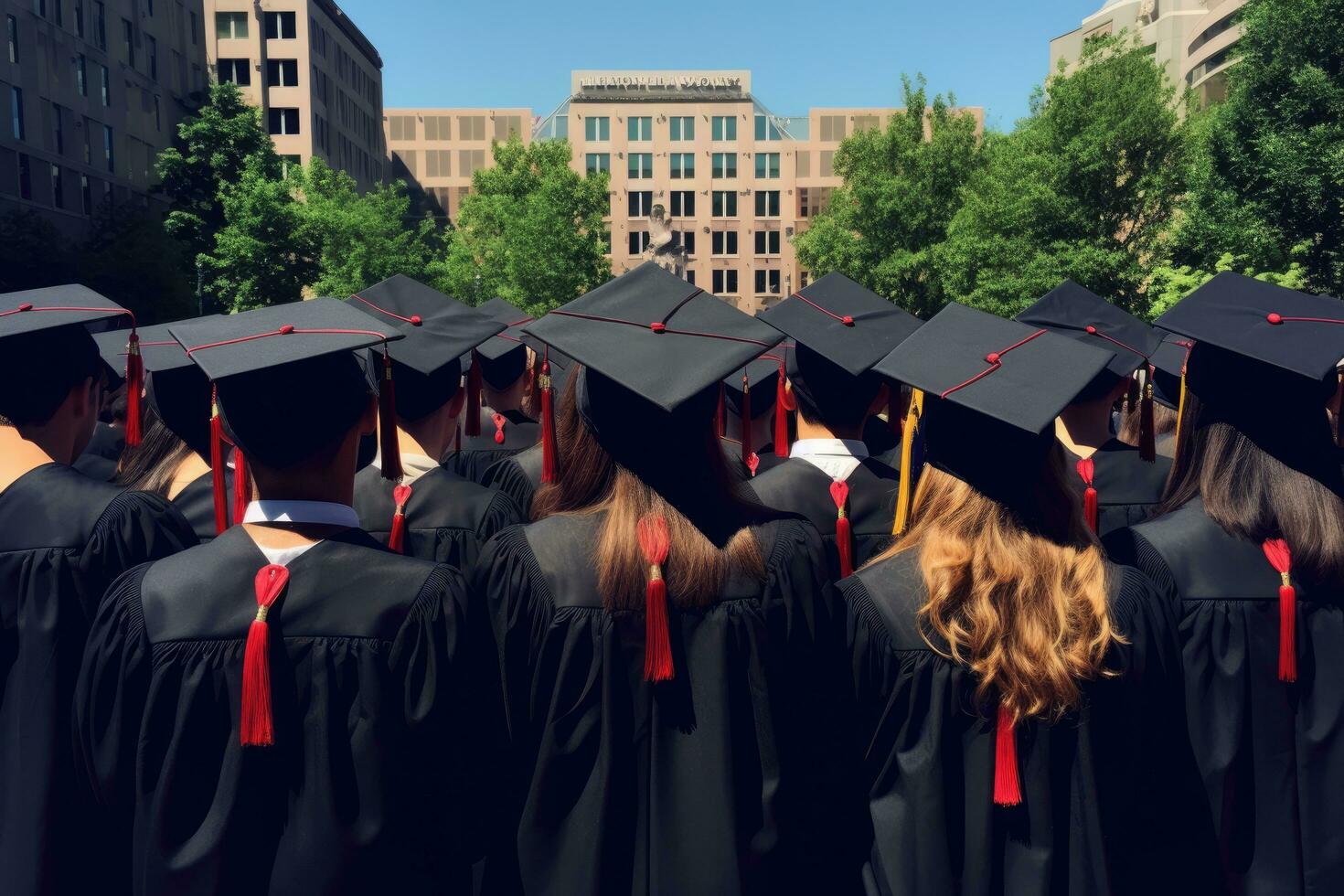 back view of a group of students in graduation gowns and caps, backside graduation hats during commencement success, AI Generated photo