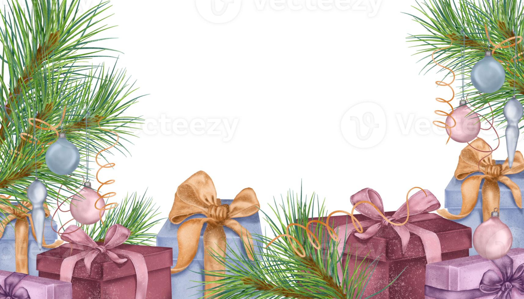 Christmas board of gift boxes, Christmas decorations digital illustration. Present, wrapping ribbon, serpentine hand drawn. Design element for web banner, new year card, invitation. png