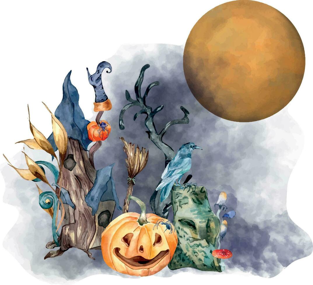 Watercolor haunted house at night moon illustration isolated on white background. Spooky house, autumn foliage, dark clouds hand drawn. Design element for card, Halloween print, typography vector