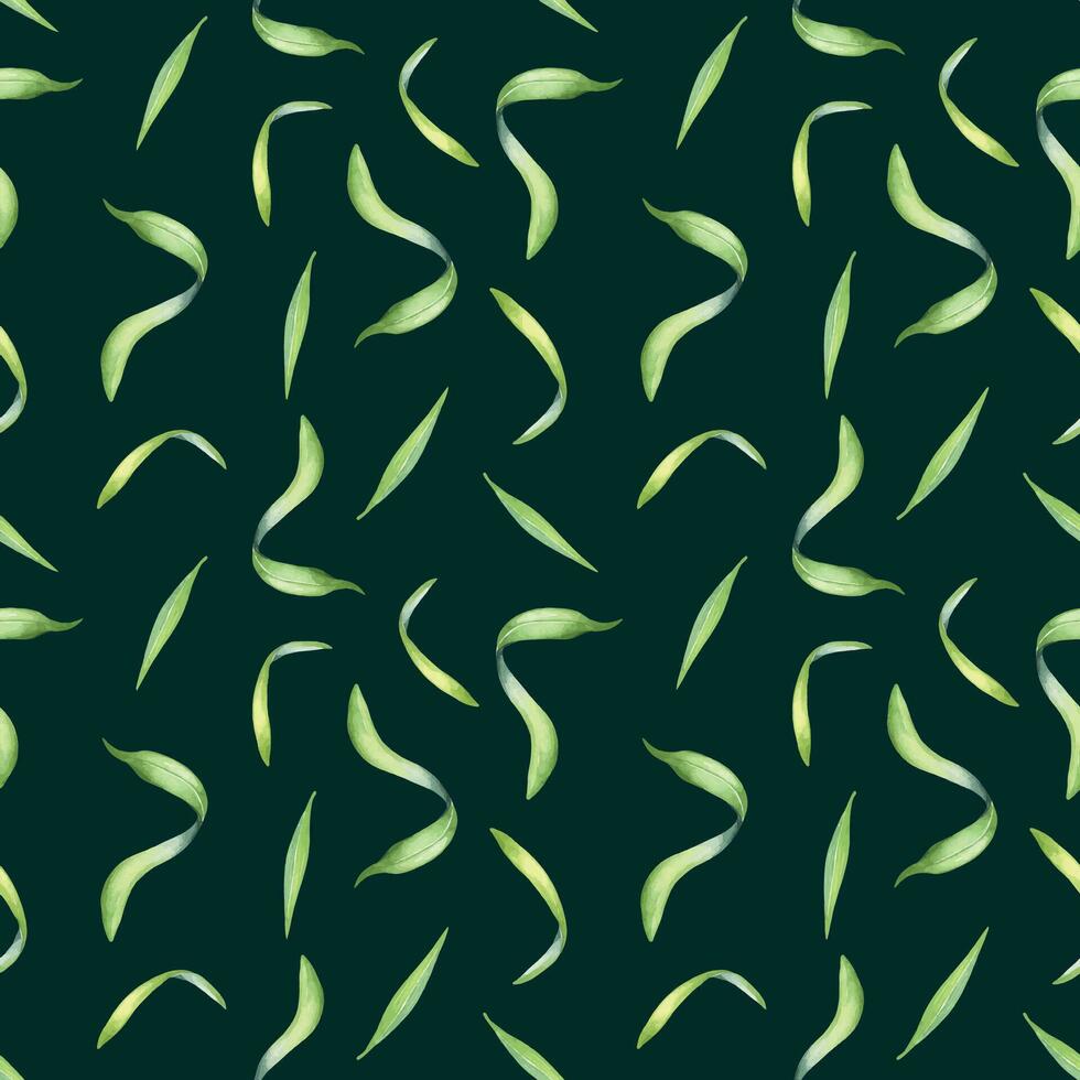 palma hojas de acai árbol acuarela sin costura modelo aislado en oscuro. verde desayuno tardío de tropical palmera, exótico hoja mano dibujado. diseño elemento para envase, embalaje, textil, fondo, papel vector
