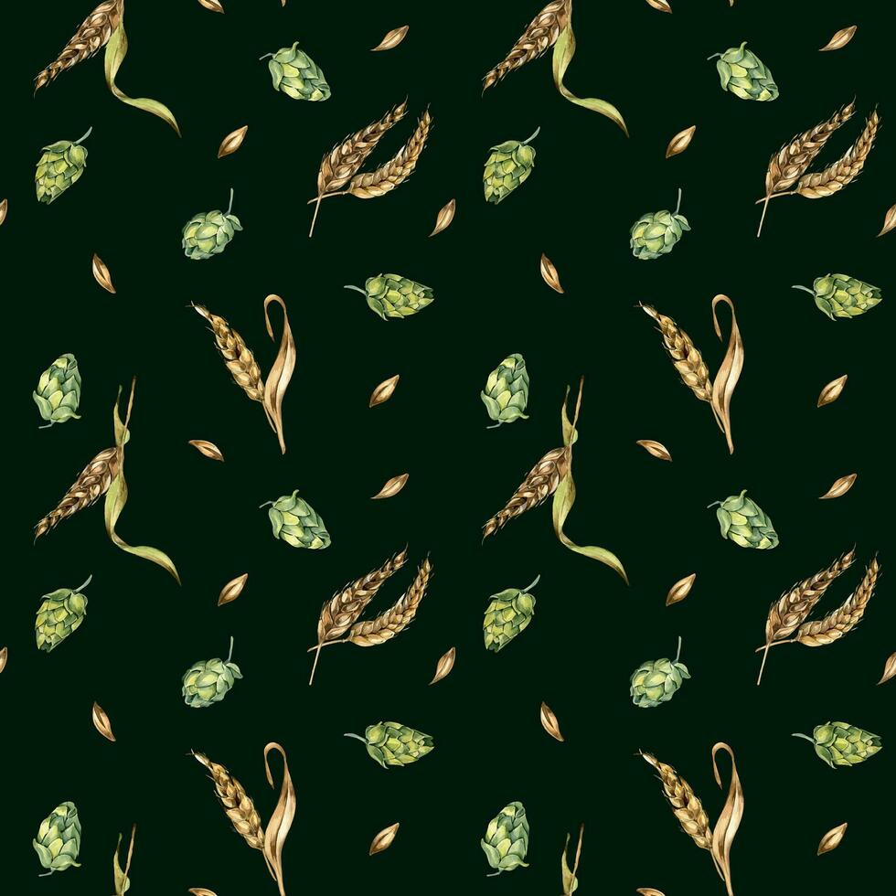 Wheat ear, hop watercolor seamless pattern isolated on black background. Spikelet of rye, humulus plant, hop cones hand drawn. Design element for brewing, wrapping, label, packaging, paper, textile vector
