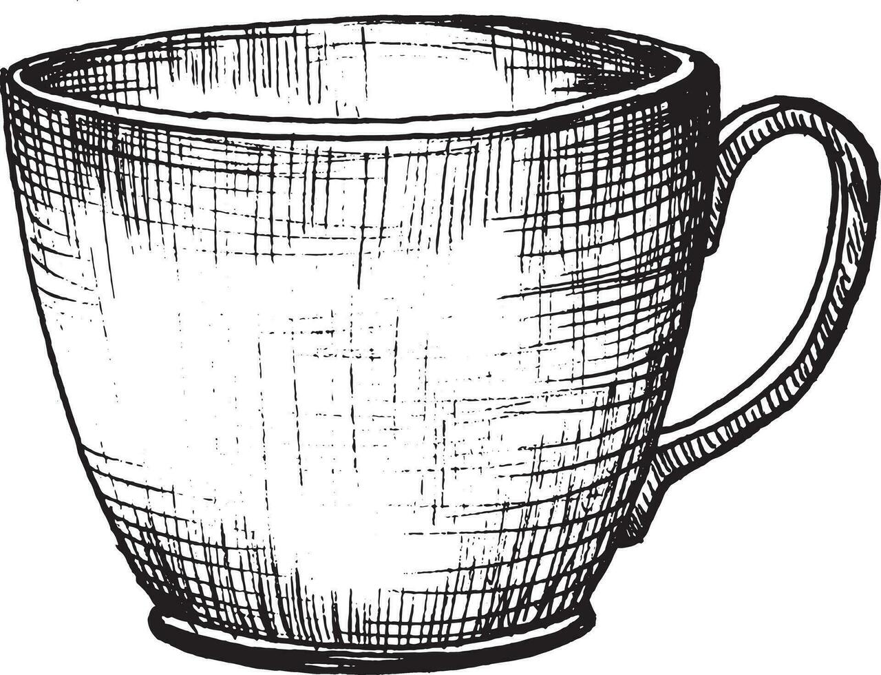 Vector graphic illustration of a handmade cup for tea or coffee. Black and white drawing