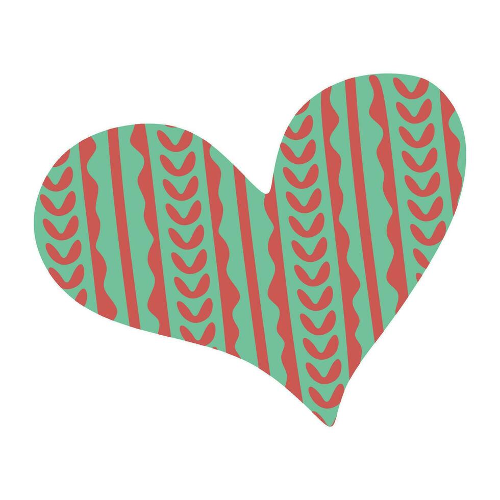 Heart sticker. Vector red and green knitted textile patchwork. Best for web, print and St. Valentine's Day decoration, Christmas decoration, Winter design element for Postcard, Card, Flyer.