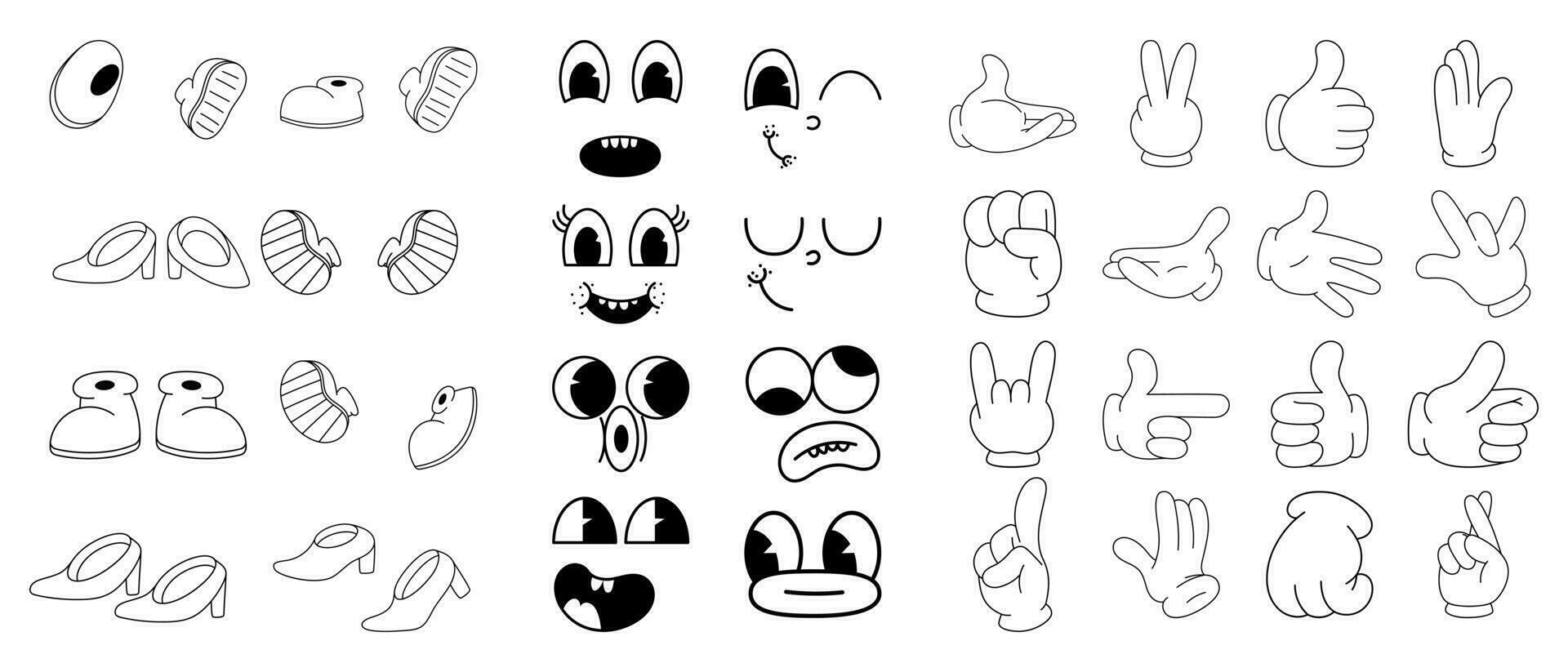 Collection of comic faces, feet and hands in trendy retro 70s cartoon style. Groovy mascot foot, arm, emotions. Isolated illustration vector