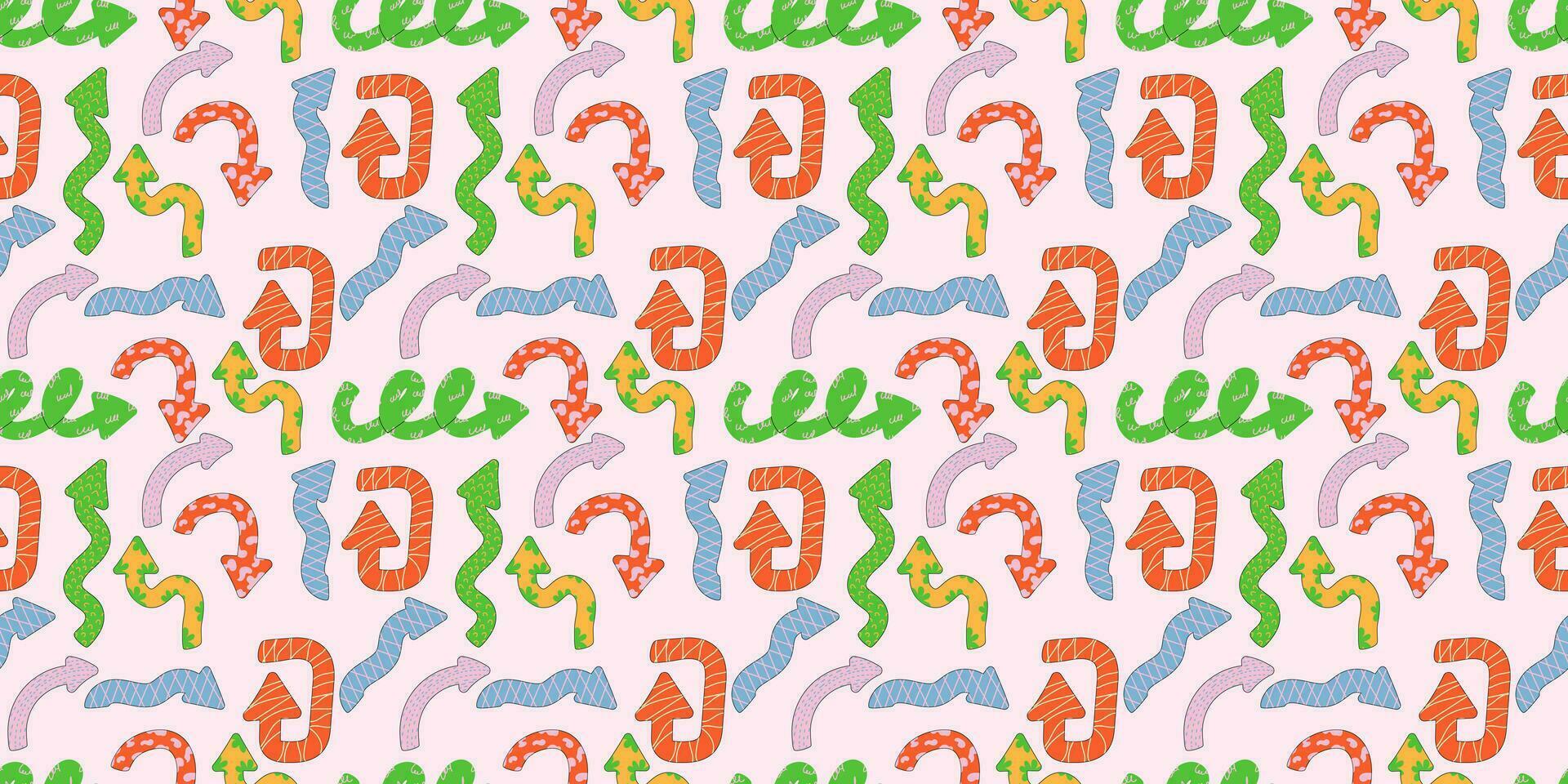 Direction indicators seamless pattern. Naive playful arrow pointers with vector texture in trendy retro style. Y2k aesthetic. Dynamic arrow signs for design