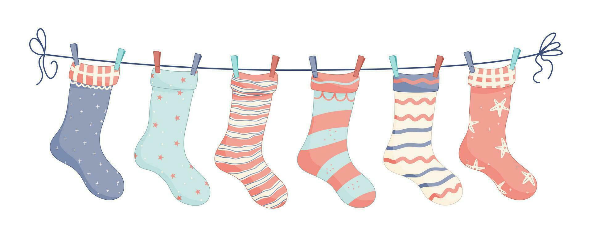 Socks with textures and patterns with colored clothespins. Vector illustration