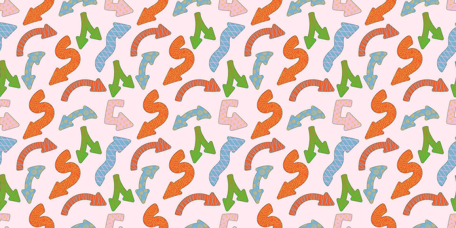 Direction indicators seamless pattern. Naive playful arrow pointers with vector texture in trendy retro style. Y2k aesthetic. Dynamic arrow signs for design