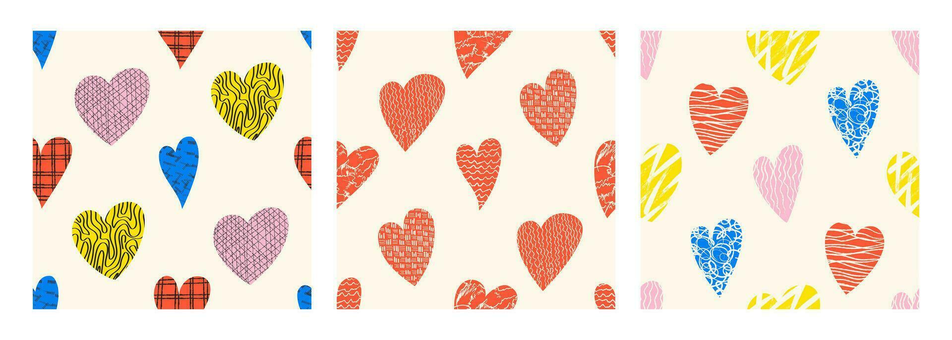 Naive playful hearts with loop, drops, spots, curves, lines and waves seamless pattern. Hand drawn doodle elements. Vector illustration with wavy and spiral elements.