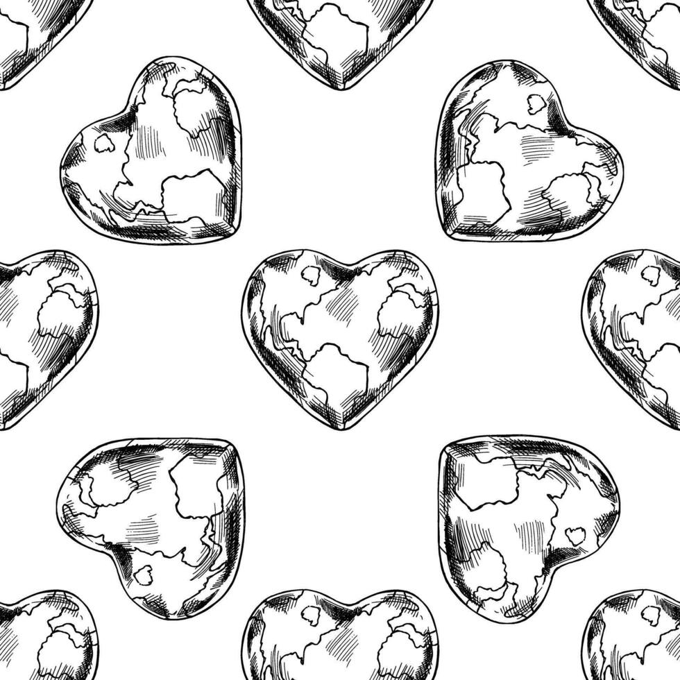 Seamless pattern of hand-drawn planet Earth in heart shape. Nature and ecology vector illustration. Earth Day element. Black-and-white illustration in sketch style. Vintage, doodle.