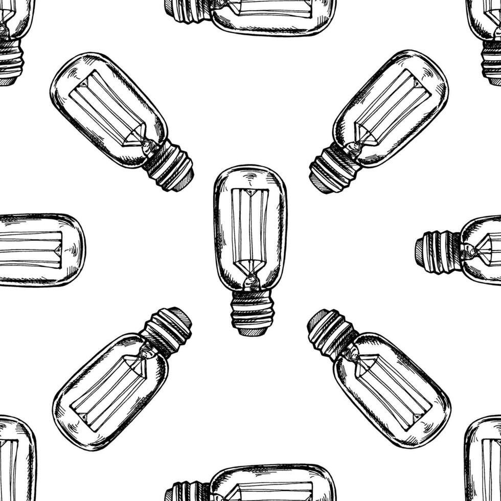 Seamless pattern of hand-drawn electric light bulb. Black-and-white illustration in sketch style. Vintage, doodle. vector