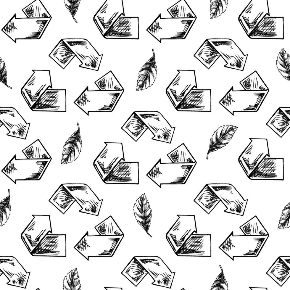 Seamless pattern of hand-drawn recycle symbol. Eco concept. Black-and-white illustration in sketch style. Vintage, doodle. vector