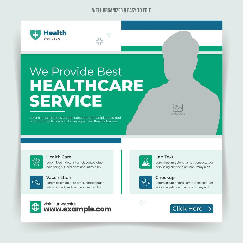 Healthcare social media post or medical square banner for hospital clinic promotion with editable content. vector