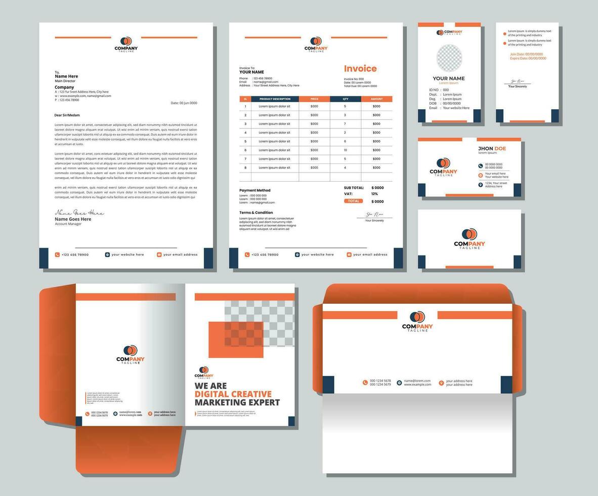 Corporate Brand Identity Mockup set with digital elements. Editable vector. Business card, Id card, Invoice, Letterhead, Envelope, and File Folder. vector