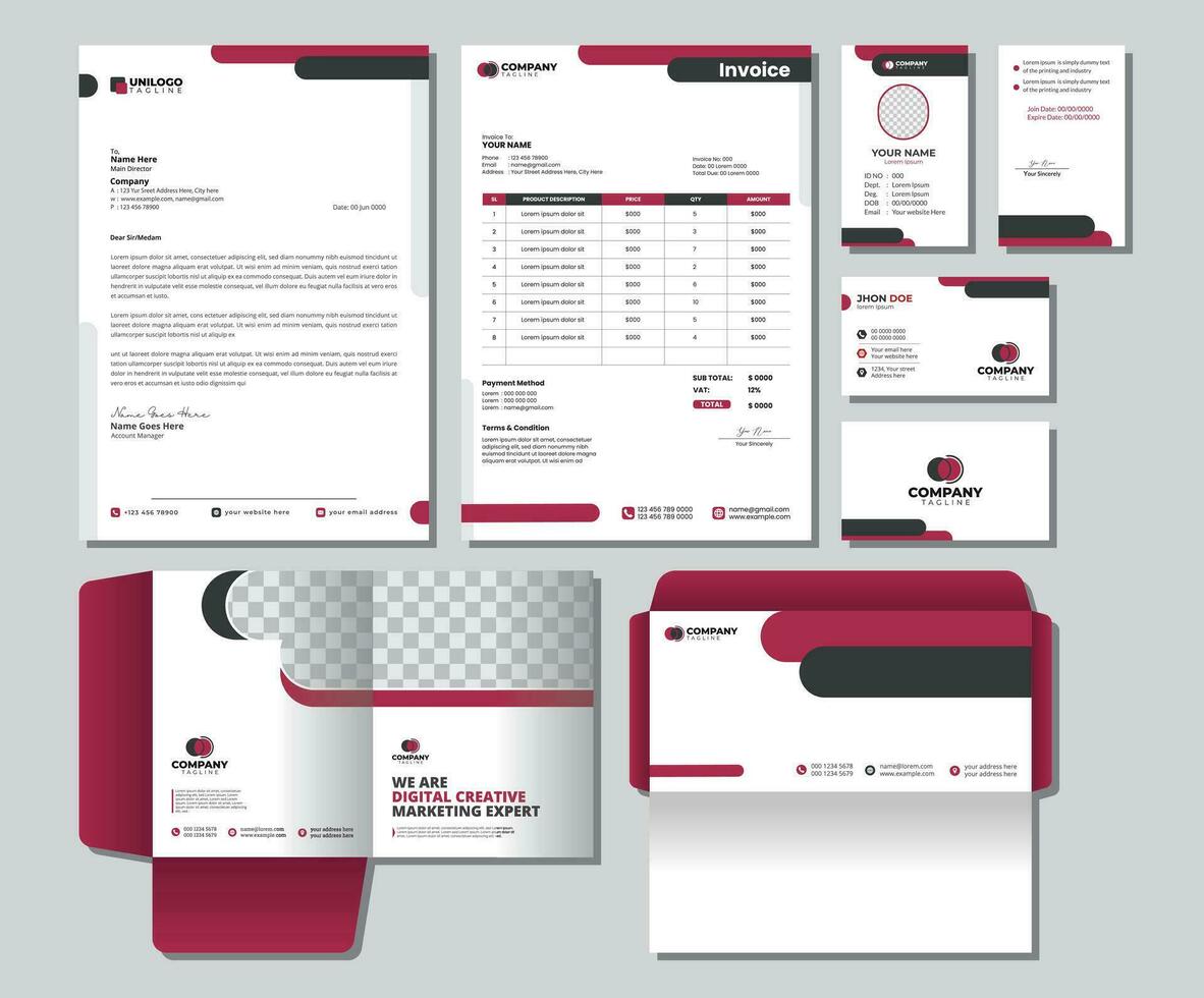 Corporate Brand Identity Mockup set with digital elements. Editable vector. Business card, Id card, Invoice, Letterhead, Envelope, and File Folder. vector