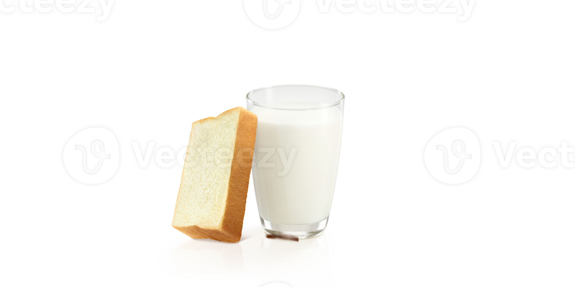 Milk in a glass with a slice of bread next to it. PNG transparent