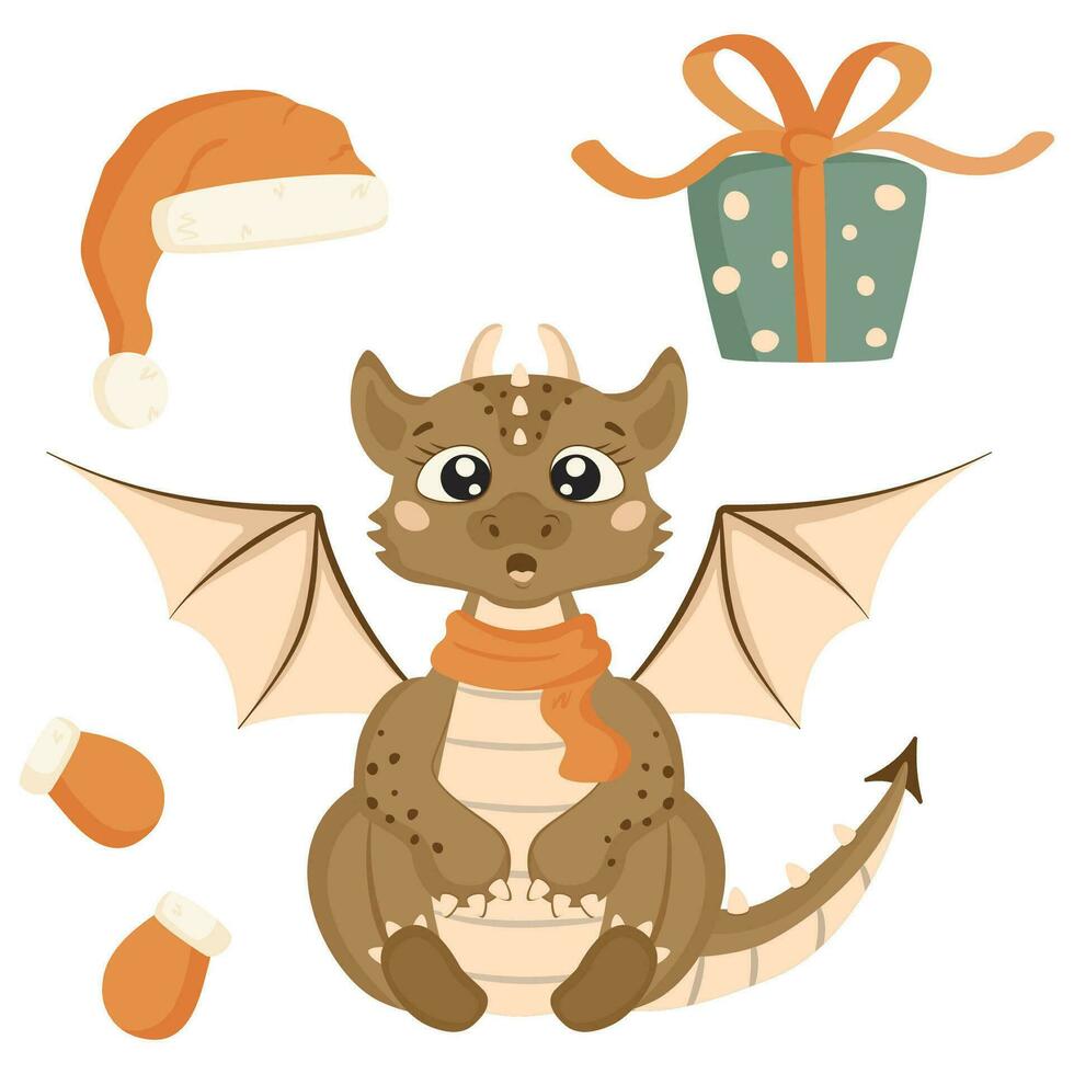 Christmas set in cartoon style. Cute surprised dragon in a warm scarf, Santa Claus hat, mittens, gift box. vector