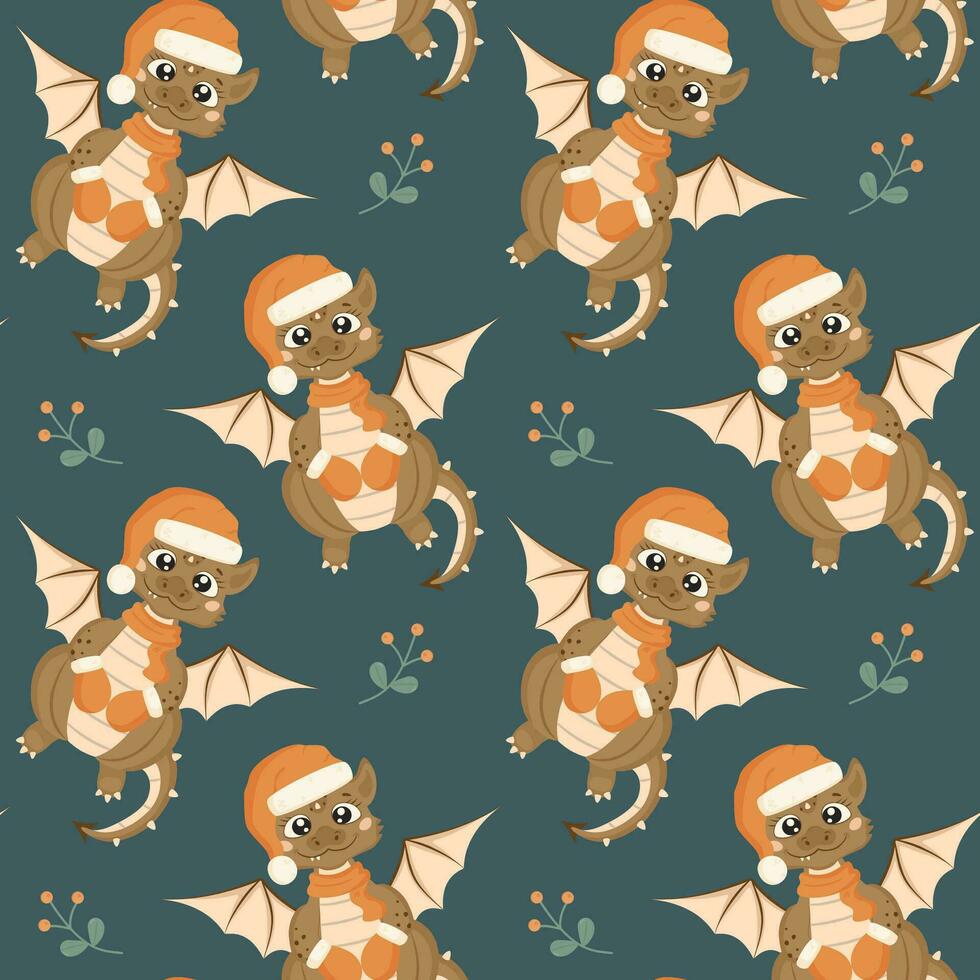 Seamless pattern with a cute smiling dragon wearing a Santa Claus hat, mittens, scarf. vector