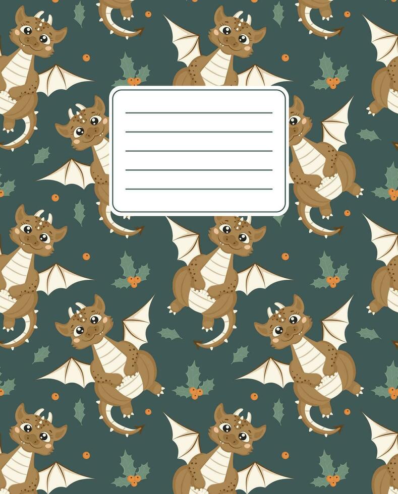 Cover design for notebooks, planners with the image of a cute smiling dragon, leaves and mistletoe berries. vector