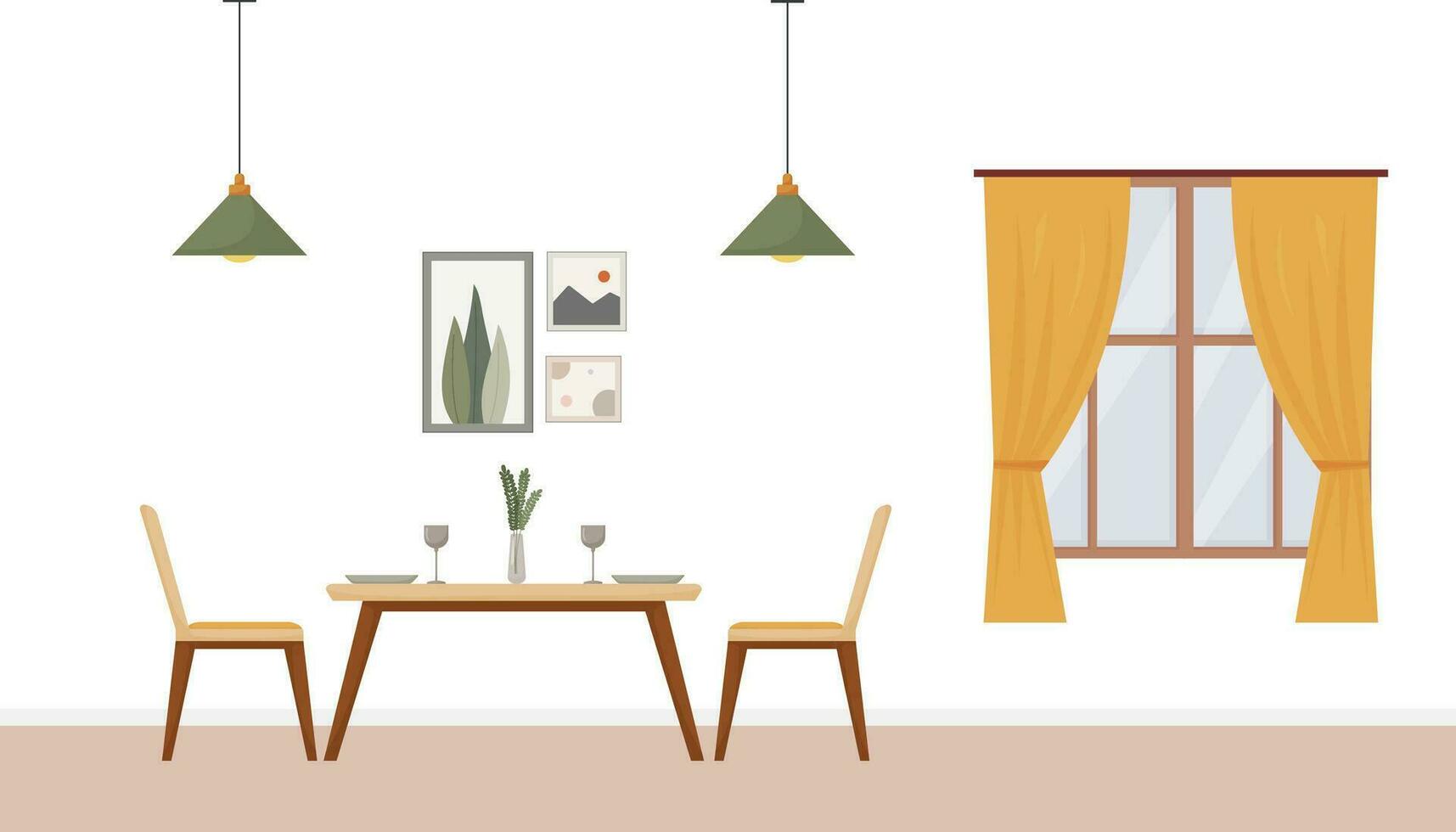 dining room interior, modern flat design, table and chairs, plates, wine glasses, vase, lamp, plant, window, curtains, cozy vector illustration