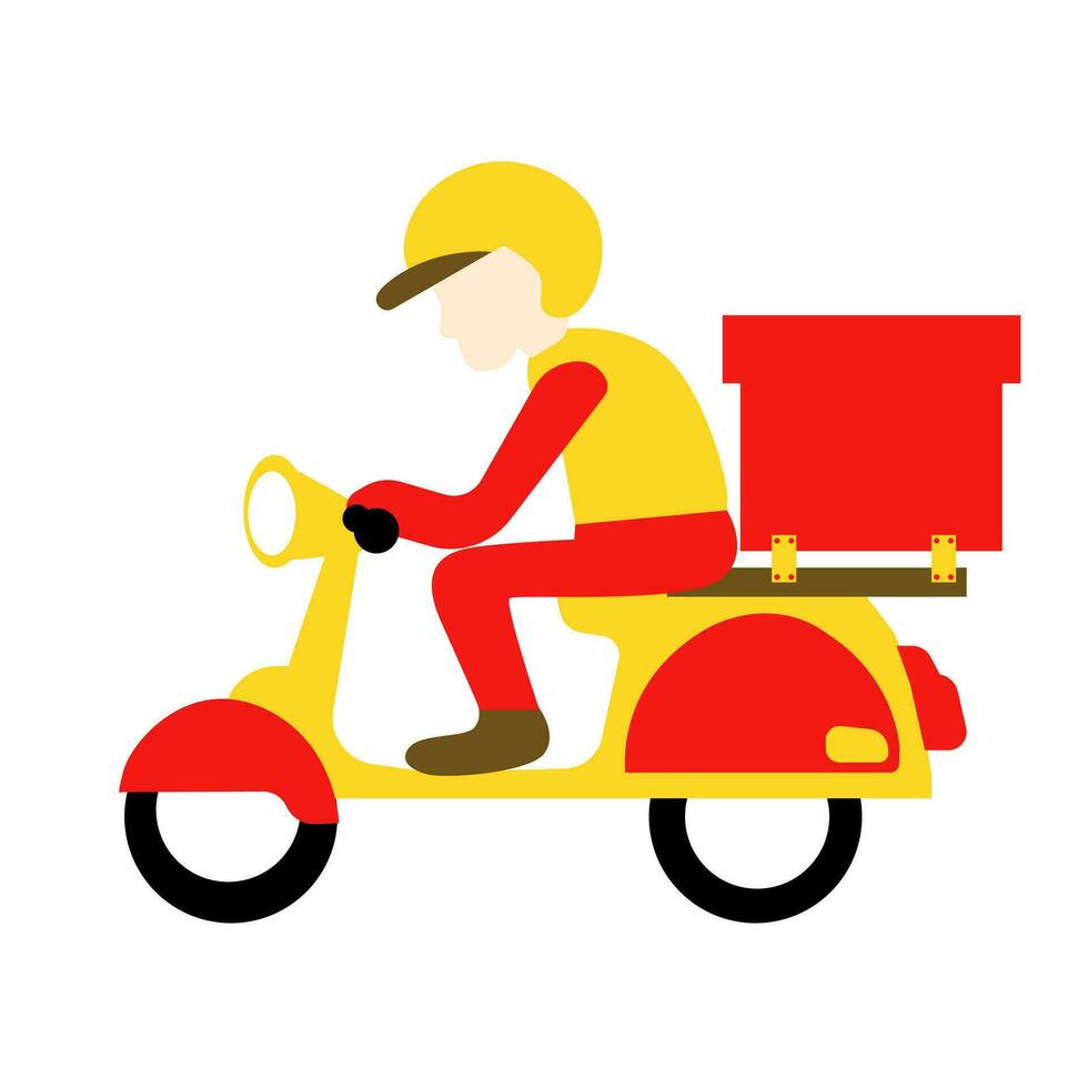 entrega hombre con amarillo uniforme conducción scooter plano ilustración vector