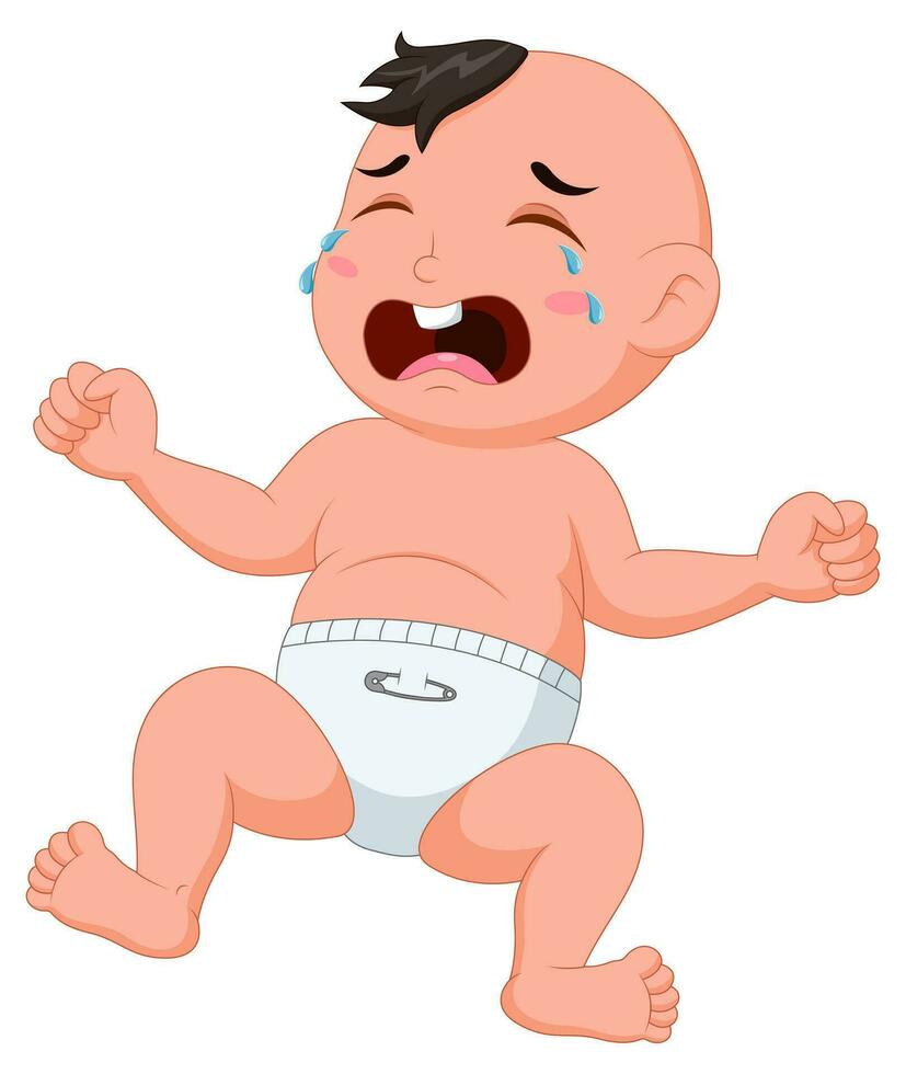 Cartoon cute baby sitting crying. Vector illustration