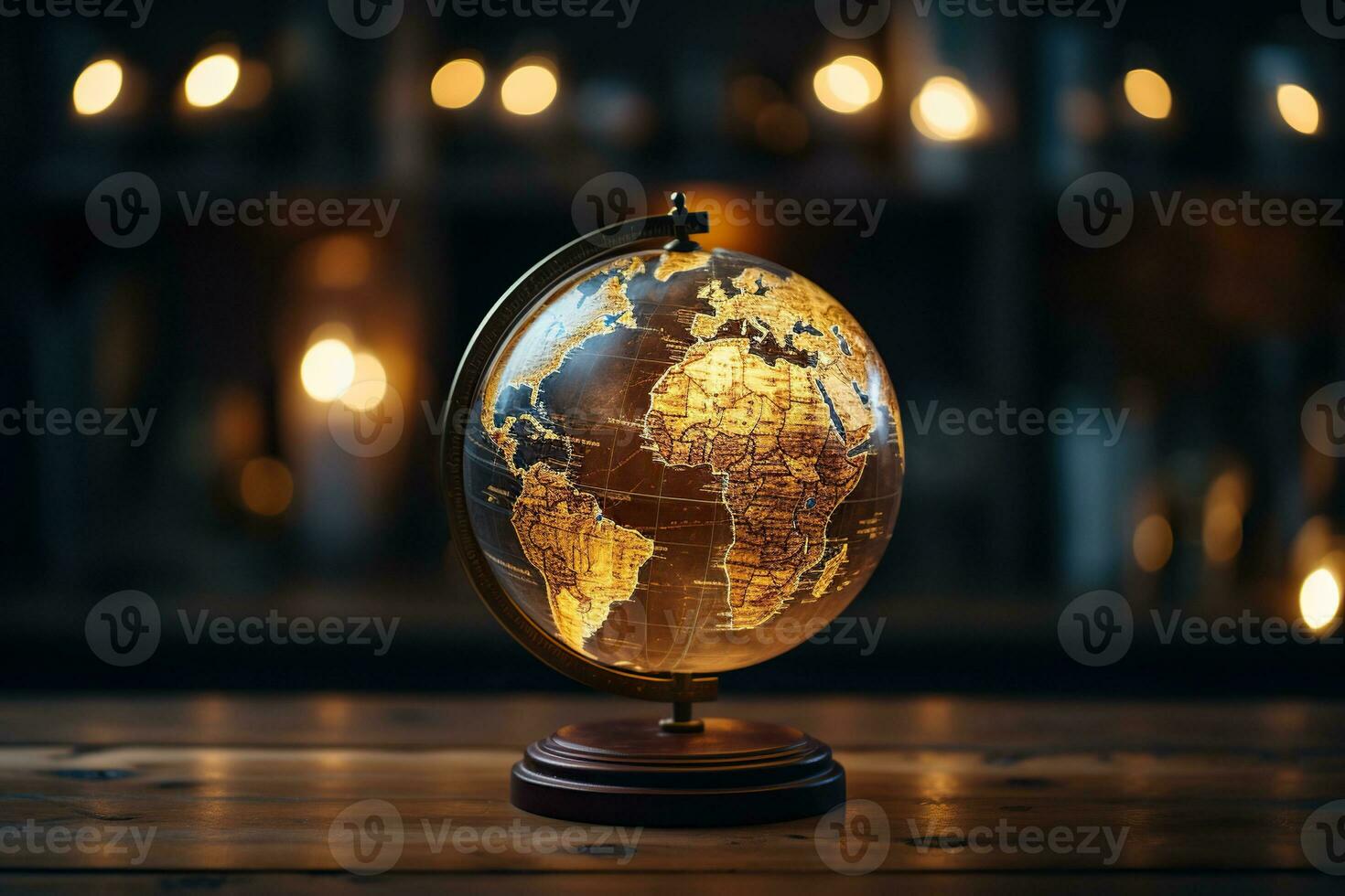Globe in the old style, illuminated globe on a blurred background. Globe in the interior photo