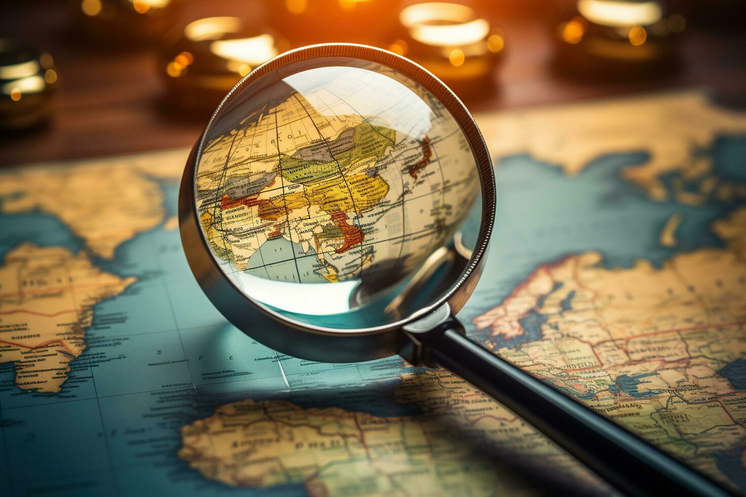 Large magnifying glass over the world map. Old world map photo