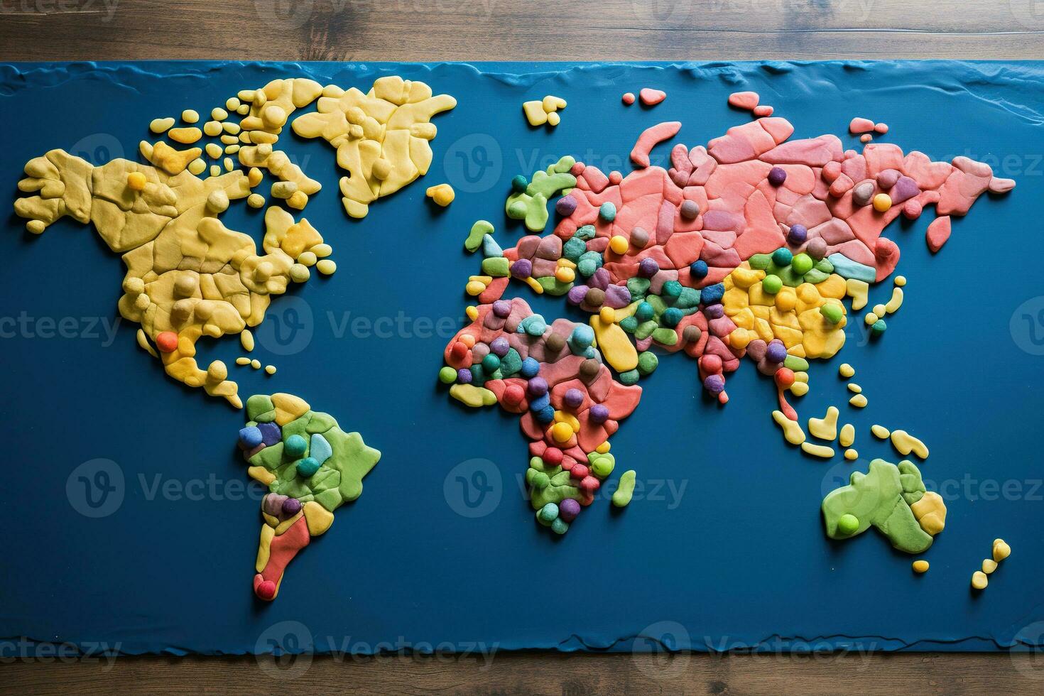 Silhouette of a world map made of plasticine. Children's craft. Teaching children photo