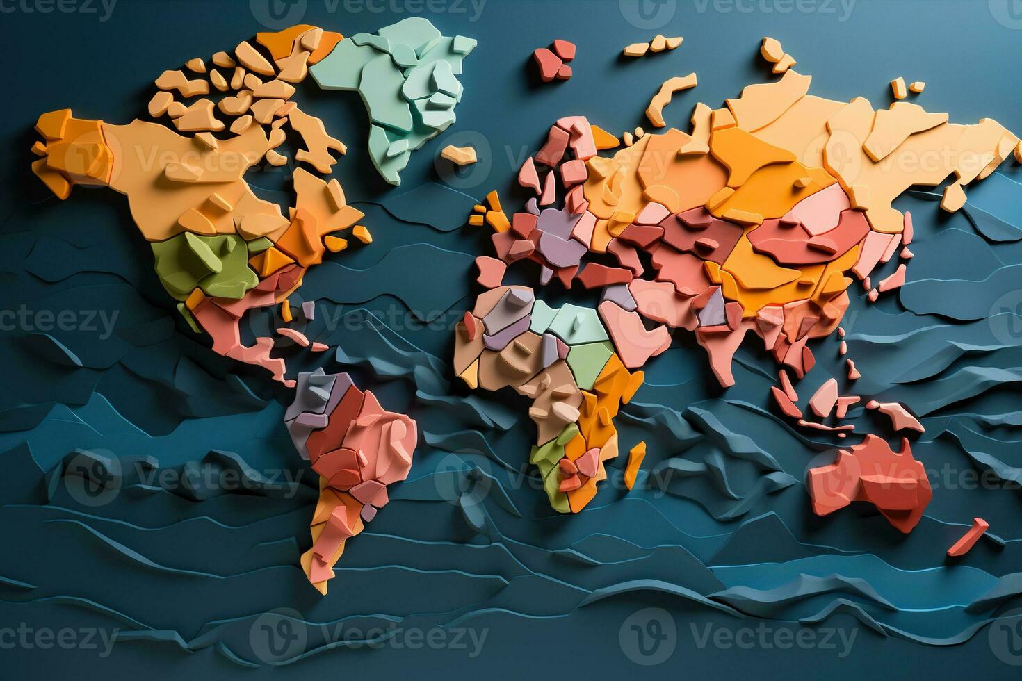 World map in the form of a mosaic made of wood. Relief map of the world on a blue background photo