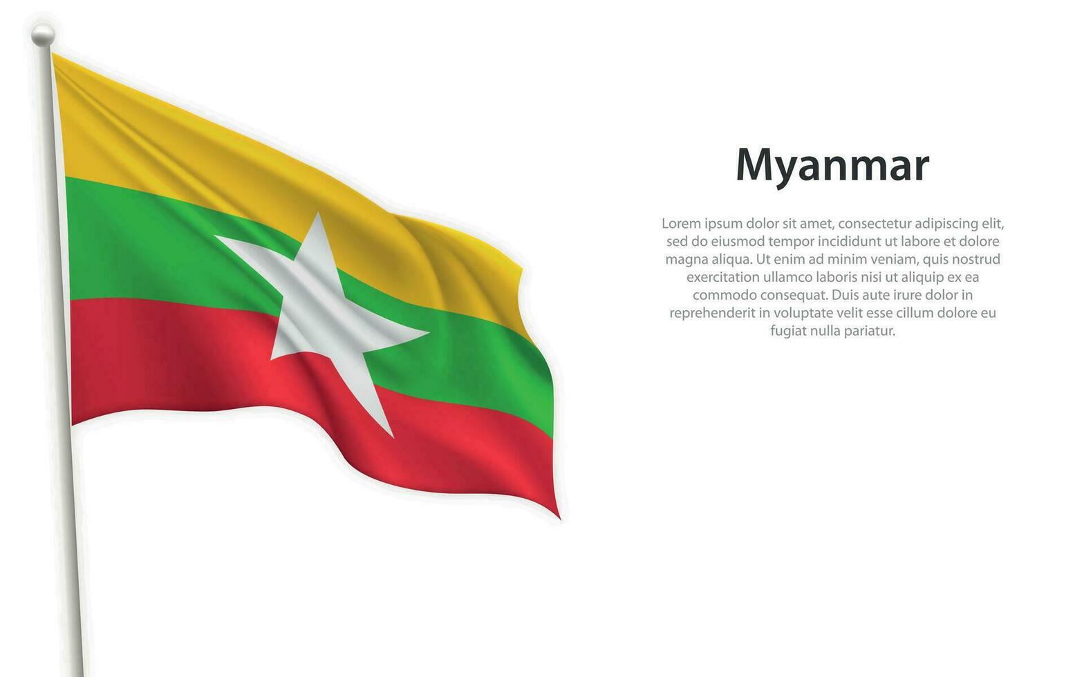 Waving flag of Myanmar on white background. Template for independence day vector