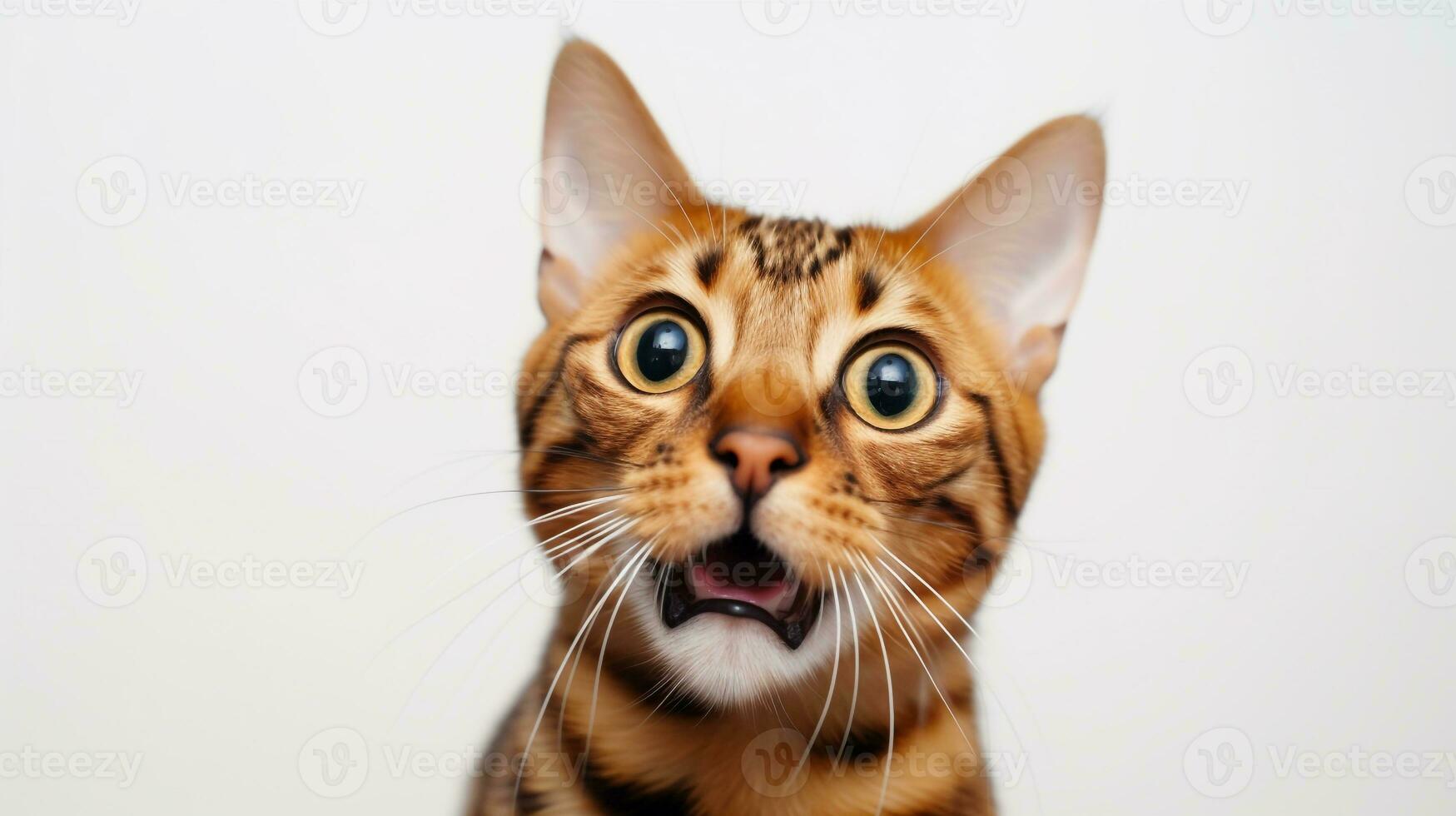 Close-up Photo of a funny shocked Bengal sticking out his tongue isolated on a black background. Generative AI