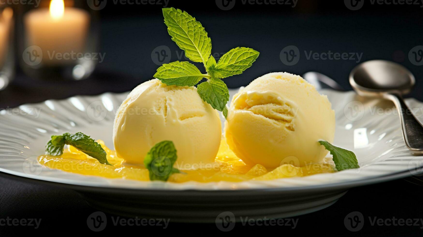 Photo of Lemon Sorbet as a dish in a high-end restaurant. Generative AI